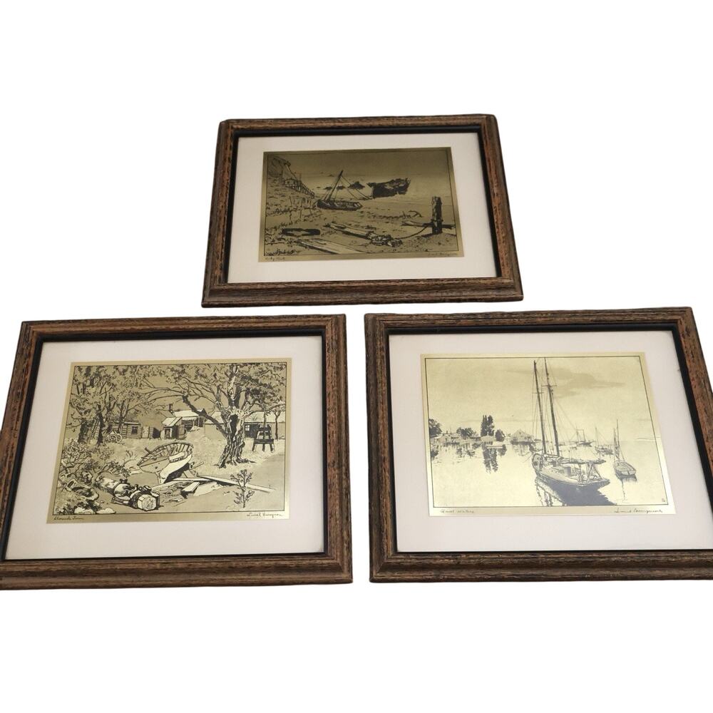 Vintage Lionel Barrymore Nautical Boats Harbor Gold Foil Art Print Framed Set